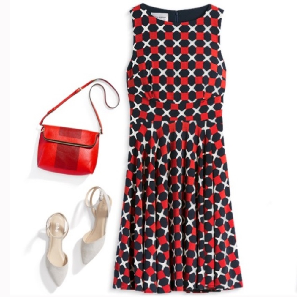DM Collection Whitt Jersey Midi Dress Size 12 Sleeveless Fit & Flare Geo Office